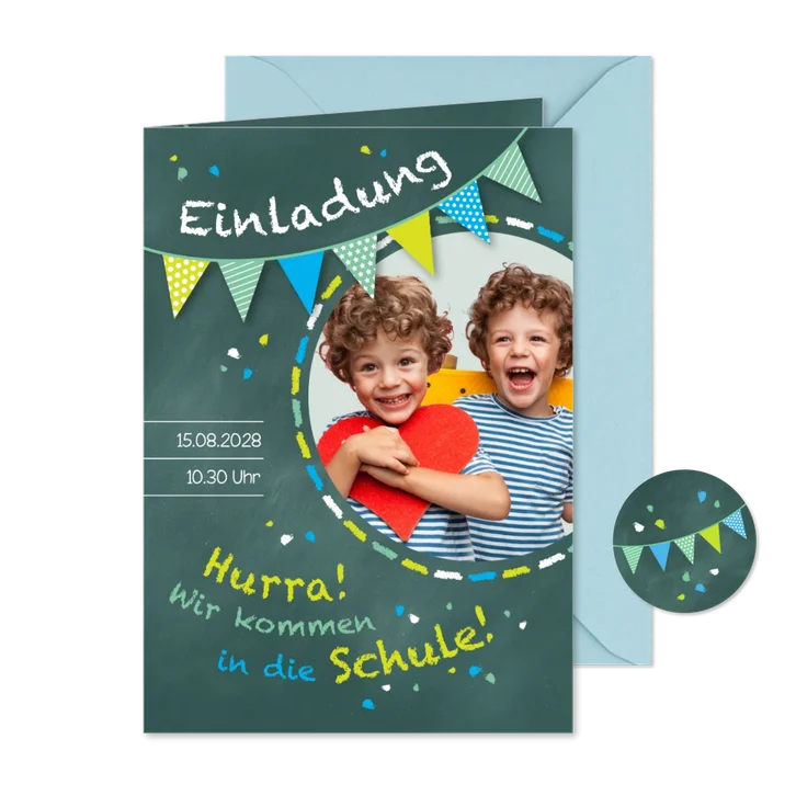Einschulung Einladung grünblau Zwilling Schultafel & Foto