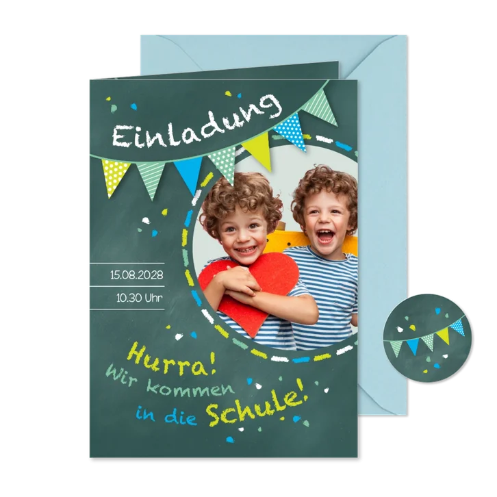 Einschulung Einladung grünblau Zwilling Schultafel & Foto