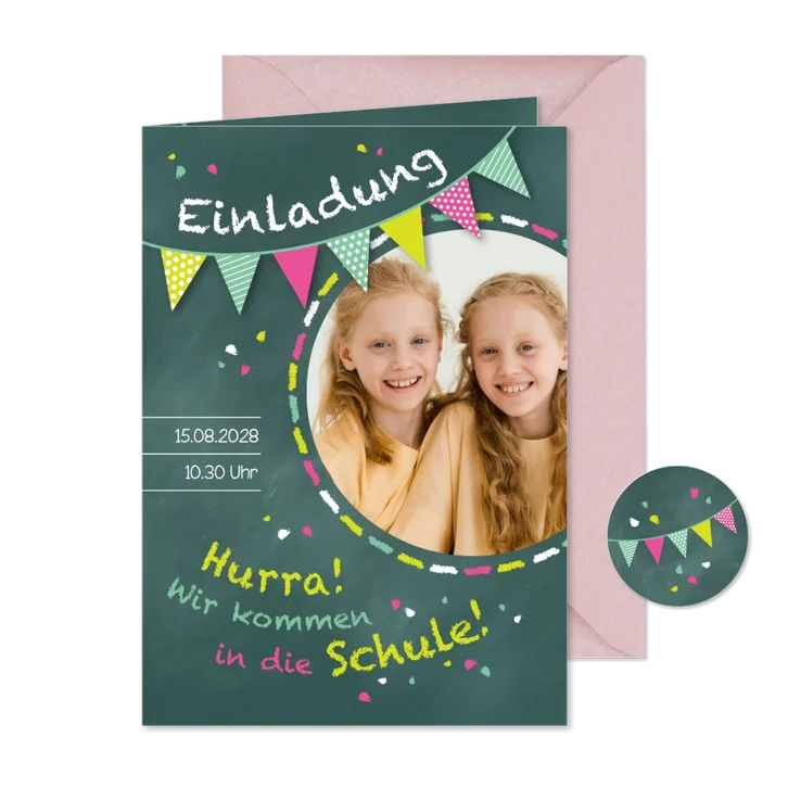 Einschulung Einladung grünrosa Zwilling Schultafel & Foto