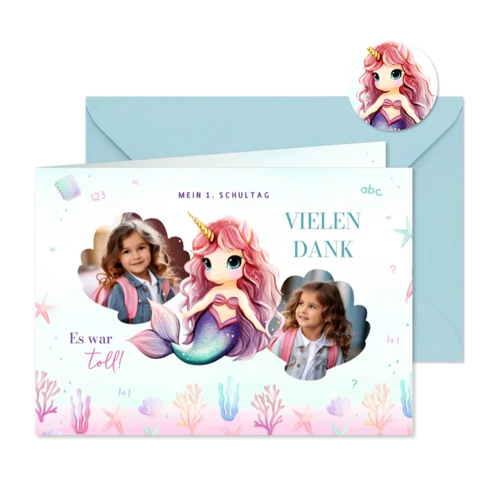 Einschulungs-Dankeskarte Fotos & Einhorn-Meerjungfrau