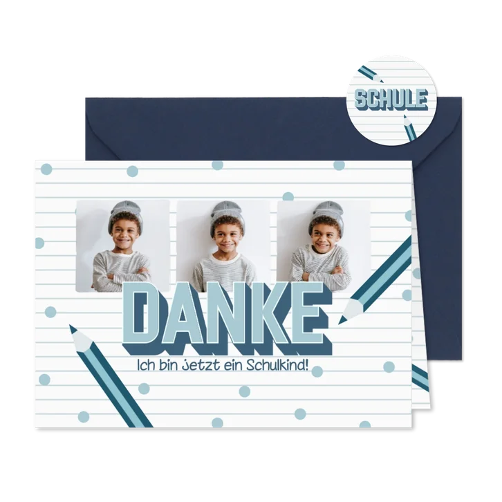 Einschulungs-Dankeskarte Fotoserie & blaue Buntstifte