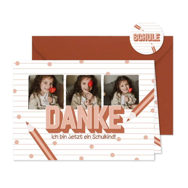Einschulungs-Dankeskarte Fotoserie & rosa Buntstifte