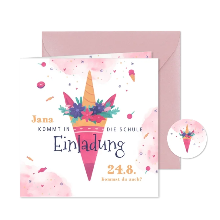 Einschulungs-Einladung Schultüte in Einhornform