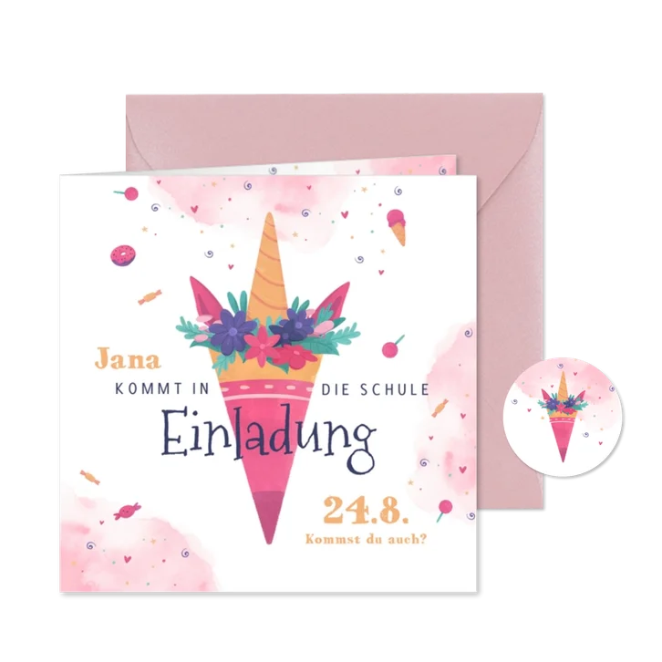 Einschulungs-Einladung Schultüte in Einhornform