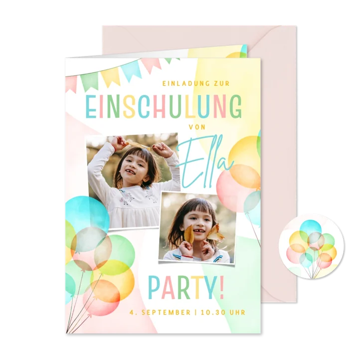 Einschulungskarte Fotos & bunte Luftballons