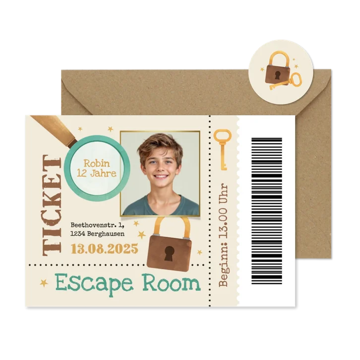 Escape Room Einladungskarte mit Foto Ticket
