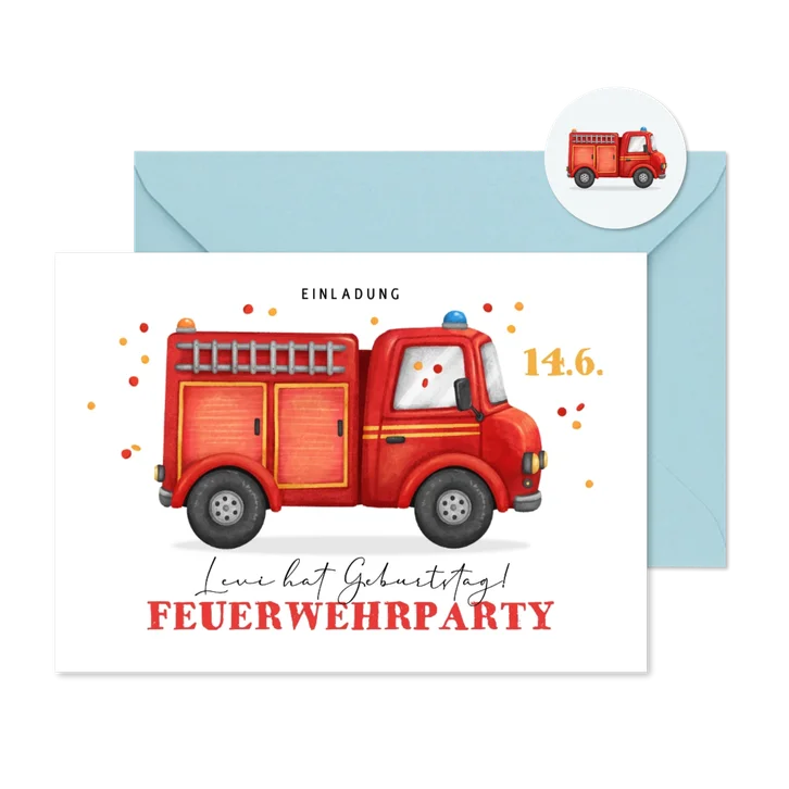 Feuerwehr-Einladung Kindergeburtstag Feuerwehrauto