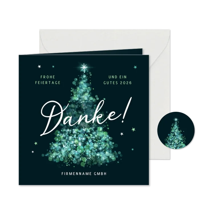 Firmen-Dankeskarte Weihnachtsbaum blaugrüne Lichtpunkte