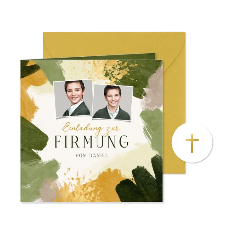 Firmungskarte Einladung Pinselstriche und Fotos
