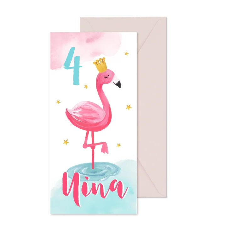 Flamingo-Einladungskarte zum 4. Kindergeburtstag