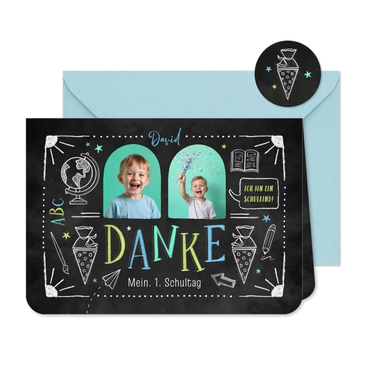 Foto-Dankeskarte Einschulung Kreide Doodles