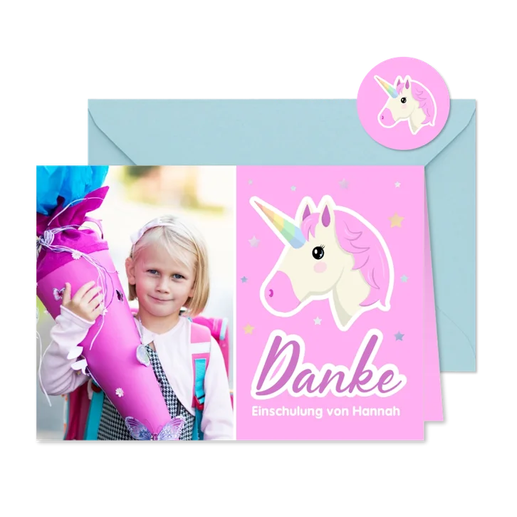 Foto-Dankeskarte Einschulung Pink Unicorn