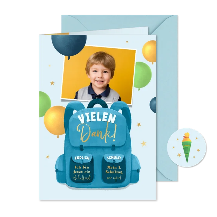 Foto-Dankeskarte Einschulung Rucksack und Luftballons