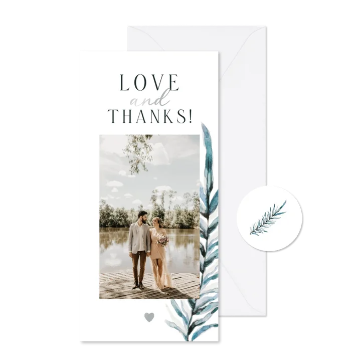 Foto-Dankeskarte Hochzeit Blatt Aquarell blaugrün