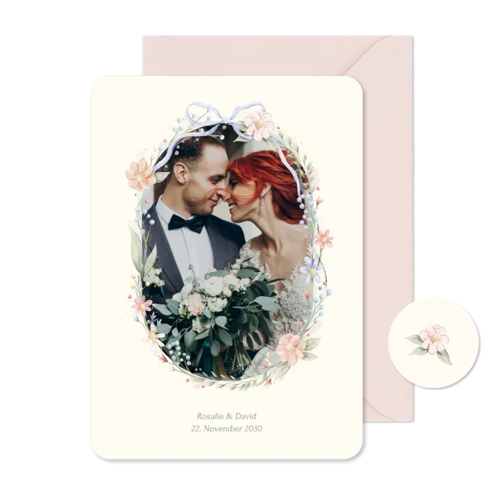 Foto-Dankeskarte Hochzeit Blumenkranz und Schleife