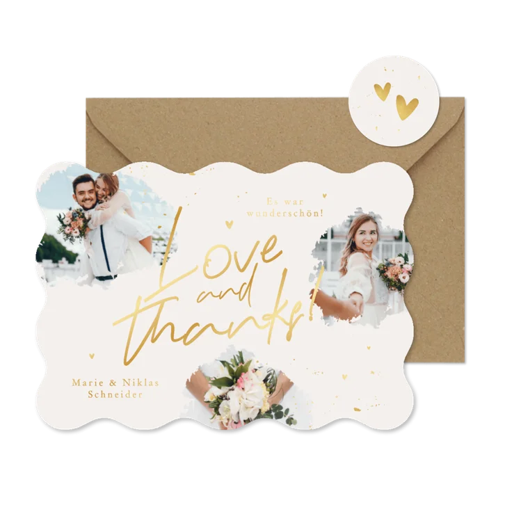 Foto-Dankeskarte Hochzeit 'Love & Thanks' Goldschrift