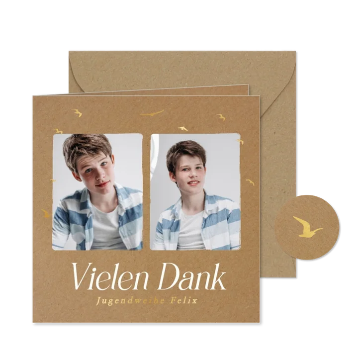 Foto-Dankeskarte Jugendweihe auf Kraftpapier mit Vögeln