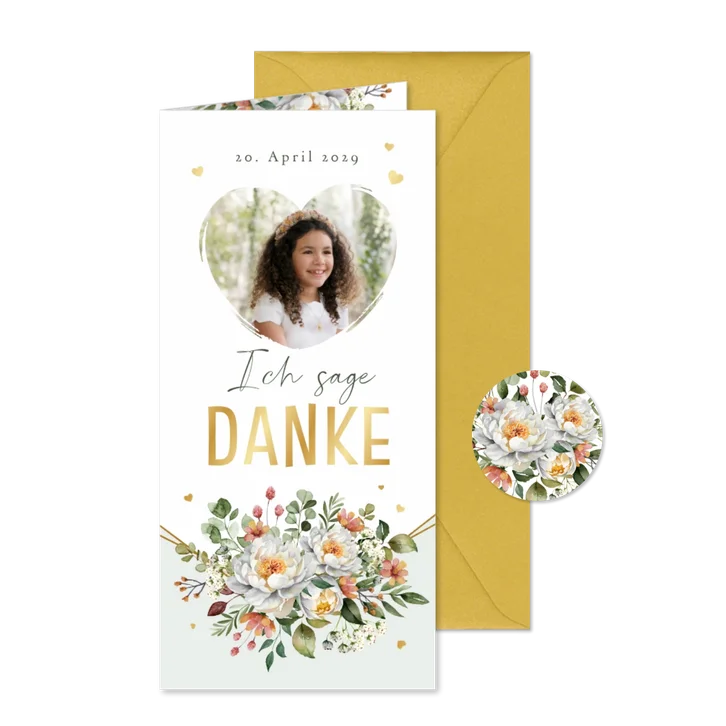 Foto-Dankeskarte Kommunion Blumenbukett Golddruck