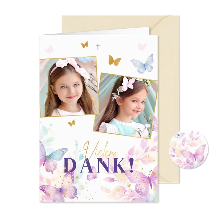 Foto-Dankeskarte Kommunion fröhliche Schmetterlinge