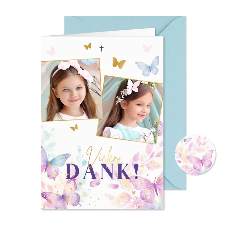 Foto-Dankeskarte Kommunion fröhliche Schmetterlinge