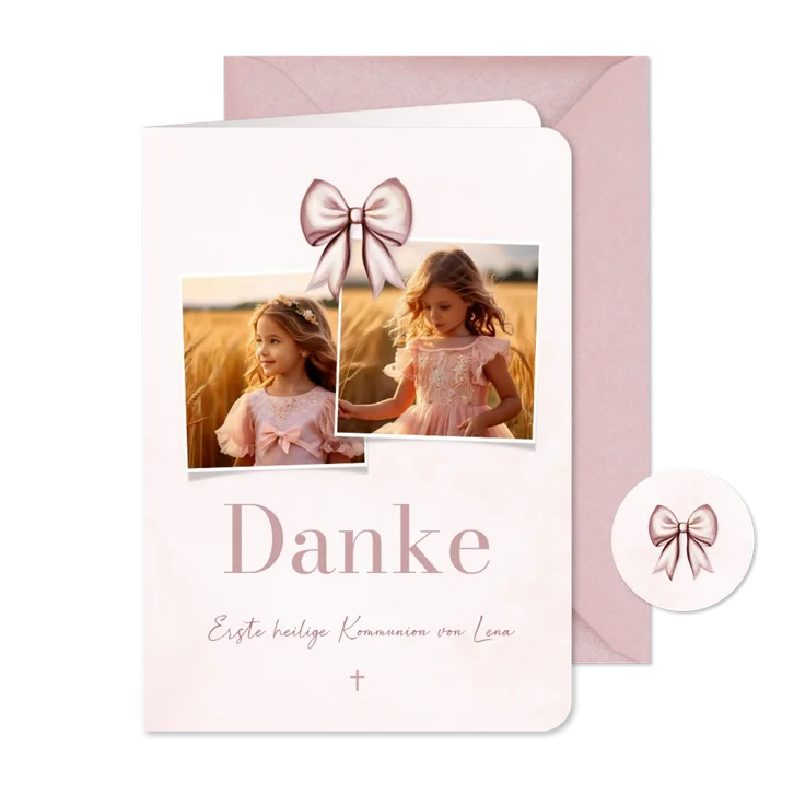 Foto-Dankeskarte Kommunion in Rosa mit Schleife