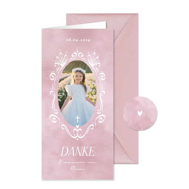 Foto-Dankeskarte Kommunion rosa Aquarell mit Rahmen