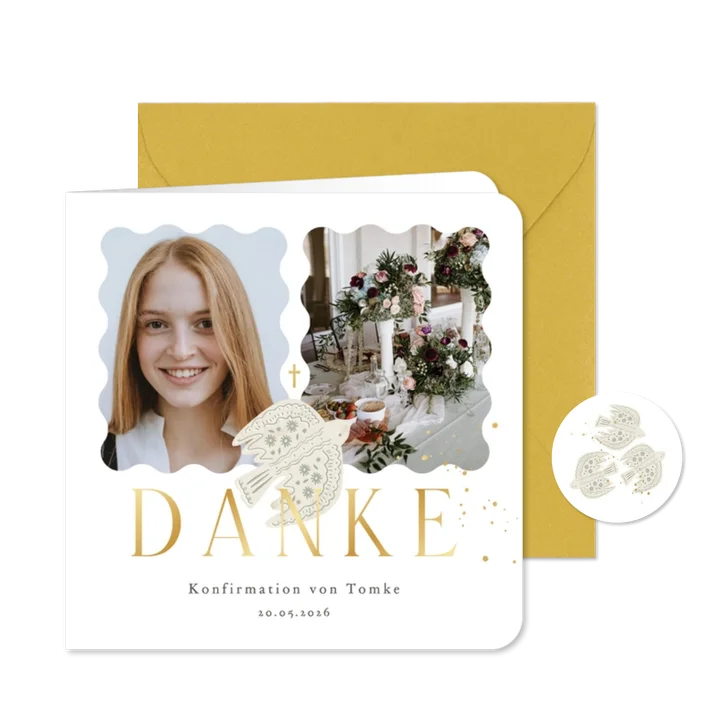 Foto-Dankeskarte Konfirmation drei Tauben Goldschrift