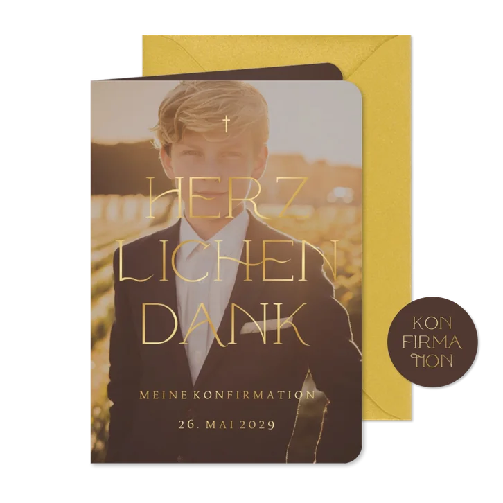 Foto-Dankeskarte Konfirmation elegante Goldschrift