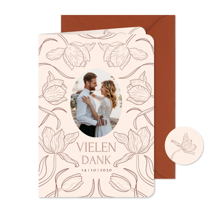 Foto-Dankeskarte Tulpen Linienzeichnung Beige