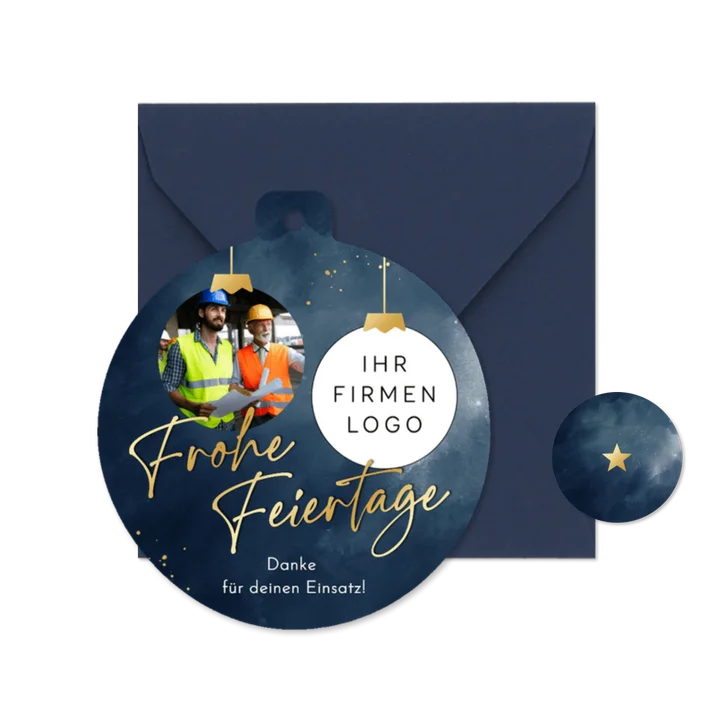 Foto-Dankeskarte Weihnachtskugel mit Logo Aquarell Blau