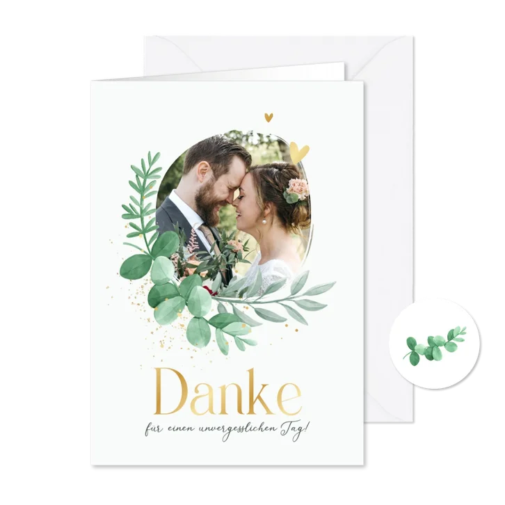 Foto-Dankeskarte zur Hochzeit Blattgrün & Text in Gold
