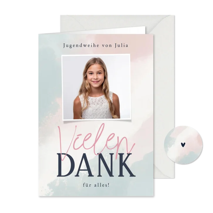 Foto-Dankeskarte zur Jugendweihe Blau Rosa Aquarell