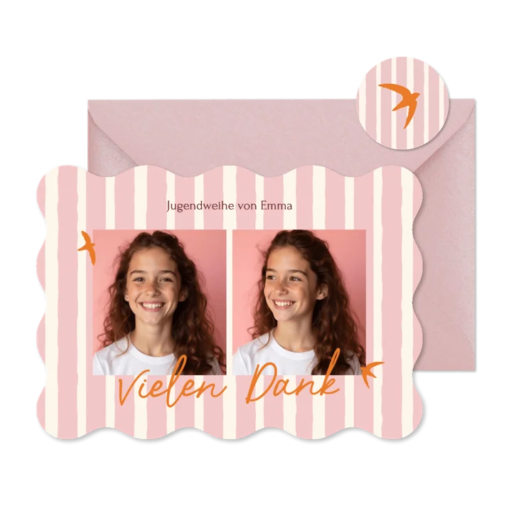 Foto-Danksagung Jugendweihe Vögel rosa gestreift