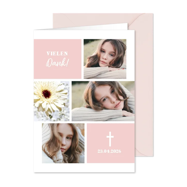 Foto-Danksagung zur Kommunion rosa Fotocollage