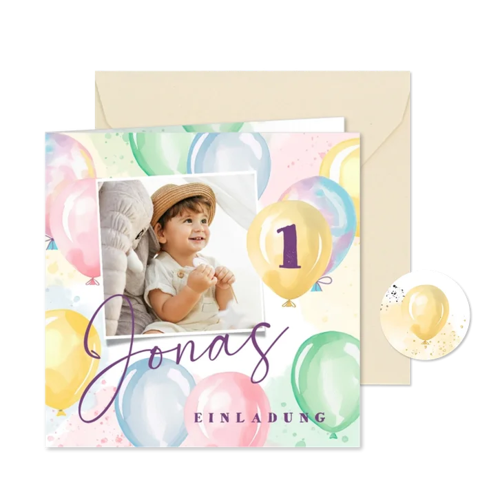 Foto-Einladung 1. Geburtstag bunte Luftballons Aquarell