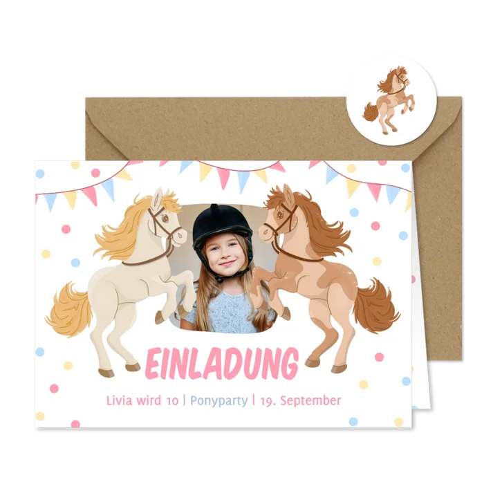 Foto-Einladung 10. Kindergeburtstag Ponyparty
