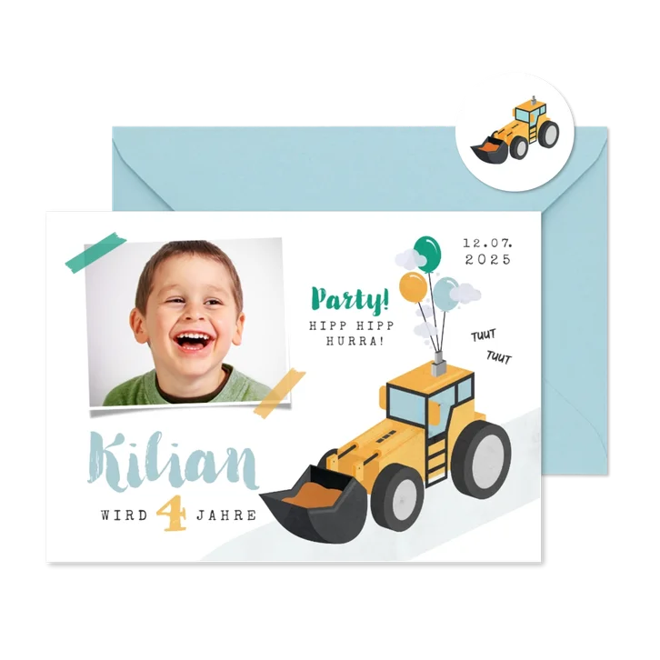 Foto-Einladung 4. Kindergeburtstag mit Bagger Luftballons