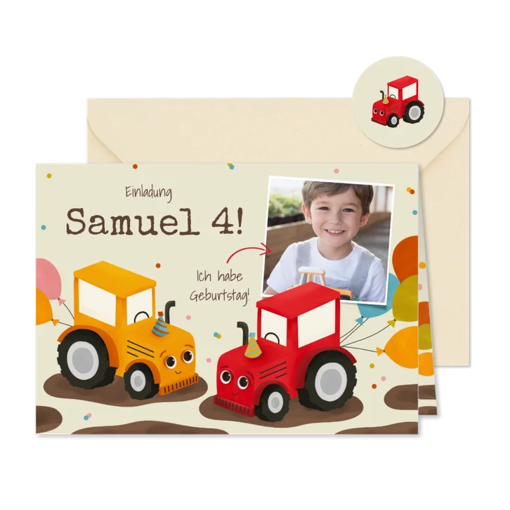 Foto-Einladung 4. Kindergeburtstag Traktor-Duo
