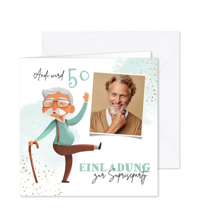 Foto-Einladung 50. Geburtstag Mann mit Stock