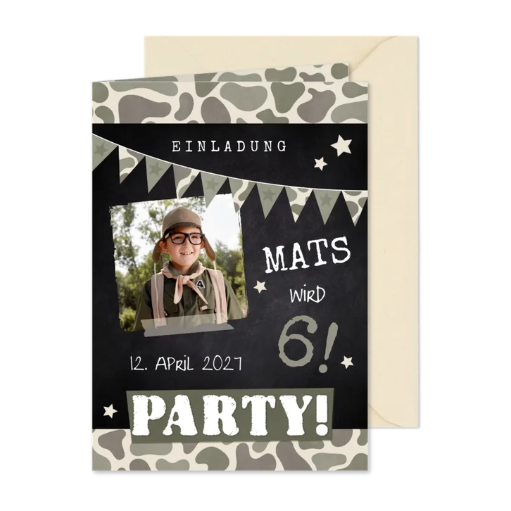 Foto-Einladung 6. Kindergeburtstag Armylook