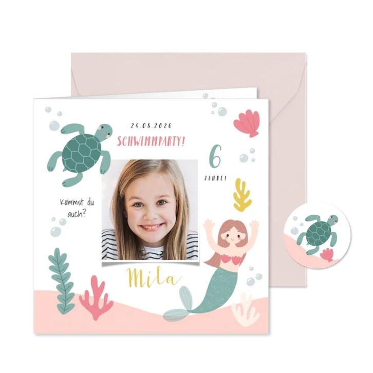 Foto-Einladung 6. Kindergeburtstag Schildkröte Meerjungfrau