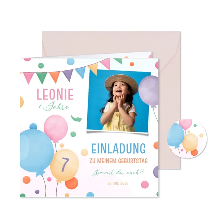 Foto-Einladung 7. Kindergeburtstag fröhliche Luftballons