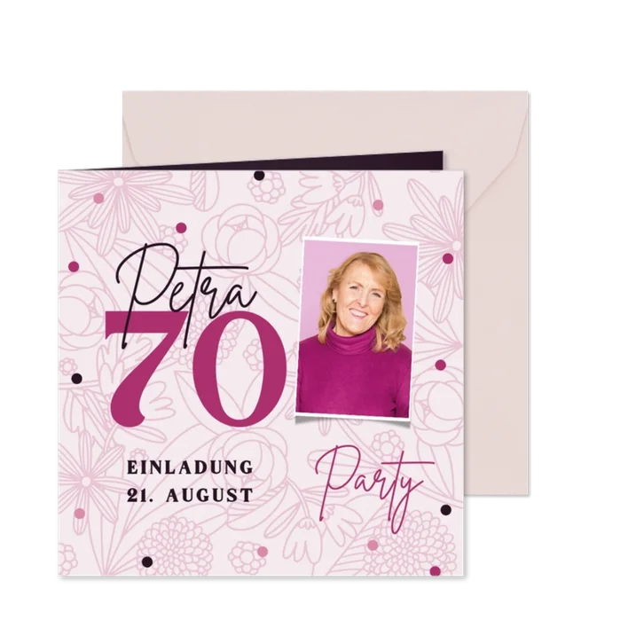 Foto-Einladung 70. Geburtstag rosa Blumen Party