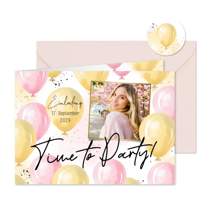 Foto-Einladung Geburtstag 'Time to party' rosa Luftballons