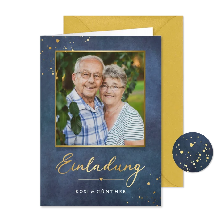 Foto-Einladung goldene Hochzeit Goldakzente