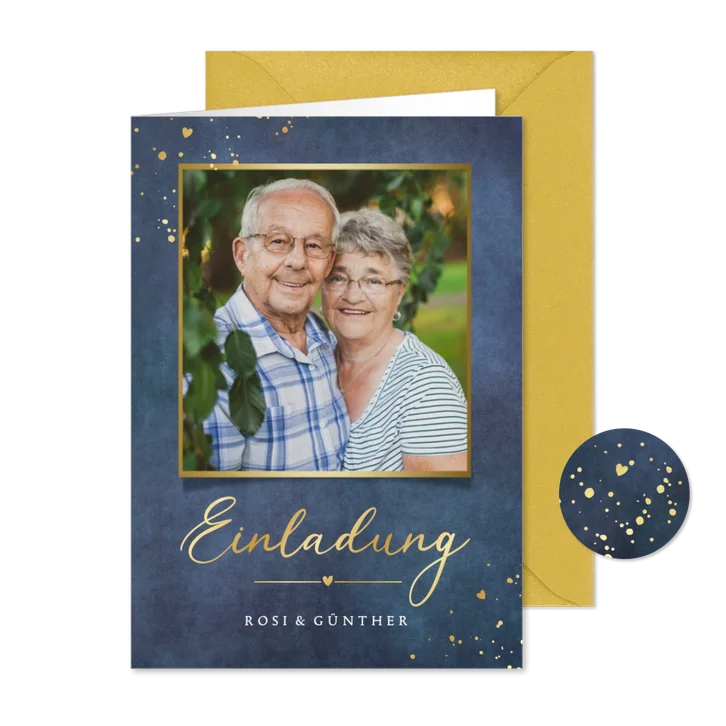 Foto-Einladung goldene Hochzeit Goldakzente