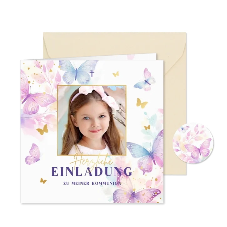 Foto-Einladung Kommunion fröhliche Schmetterlinge