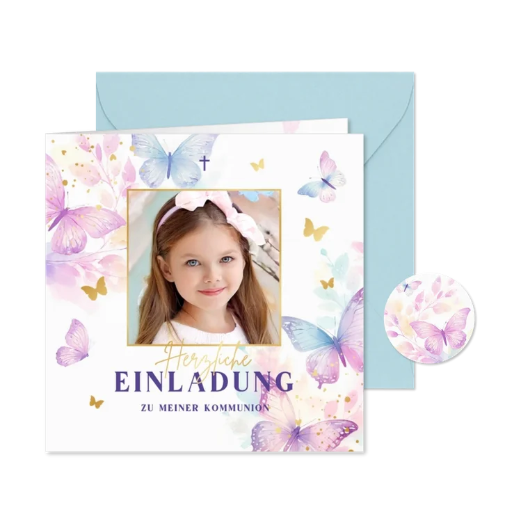 Foto-Einladung Kommunion fröhliche Schmetterlinge