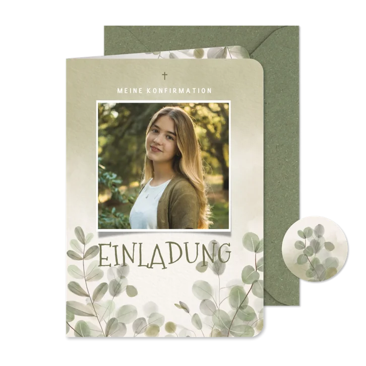 Foto-Einladung Konfirmation Eukalyptus Aquarell