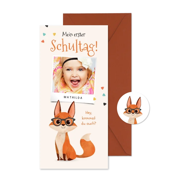 Foto-Einladung Schulanfang schlauer Fuchs mit Brille